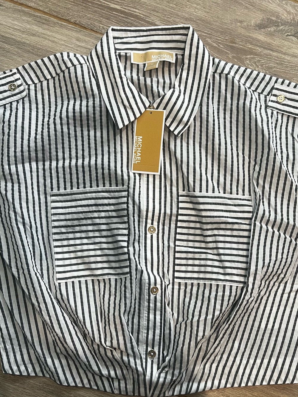 Michael Kors Black & White Vertical Stripe Short-Sleeve Button Shirt